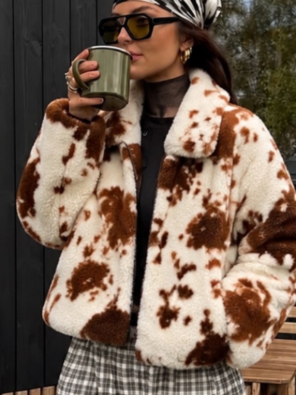 Faux Fur Cow-Print Puffer Jacket in Cream and Brown